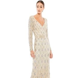 NWT MacDuggal Long Sleeve Sequin Gown in Nude and Silver Size 10